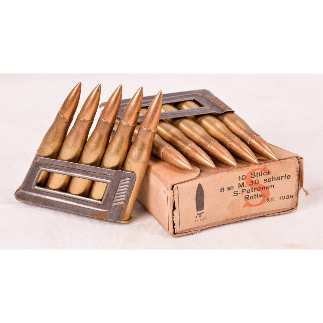 10 Rounds of Nazi Marked 8x56R Steyr Ammo: 10 rounds on 2 en-bloc clips in original box and dated 1938. Overall good condition. See photos.