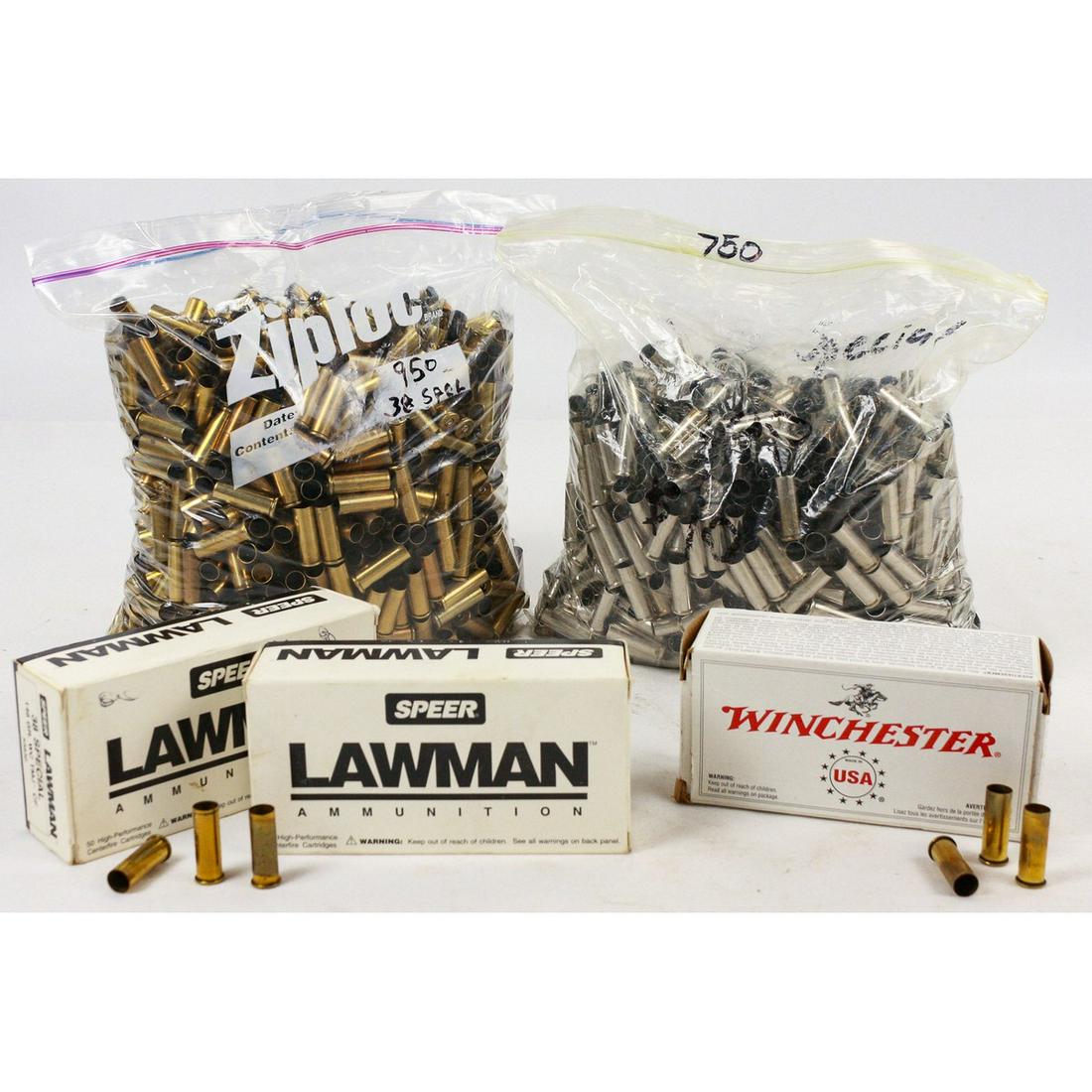 1850 .38 Special Casings: Lot consists of 950 .38 Special brass casings, 700 pieces of .38 Special nickel casings, and 150 .38 Special brass casings in boxes. All are once fired. See photos.