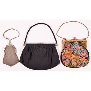 Vintage Handbags including a Morabito Paris (3): Includes a beautiful Morabito black beaded evening purse with beaded handle and satin lining with 2 pockets. Minimal bead loss on the handle that would require a stitch repair. A flowered needlepoint