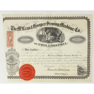 1870 McLean & Hooper Sewing Machine Co Stock Cert: Certificate No. 1 for 250 shares of The McLean & Hooper Sewing Machine Co. of Philadelphia issued to Barnet W. Lacy on October 31st, 1870. Barnet Lacy was John McLean's brother in law. In overall VG