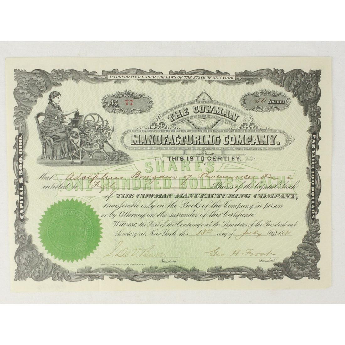 The Cowman Mfg. Co. 1881 Stock Certificate (1 of 4)
