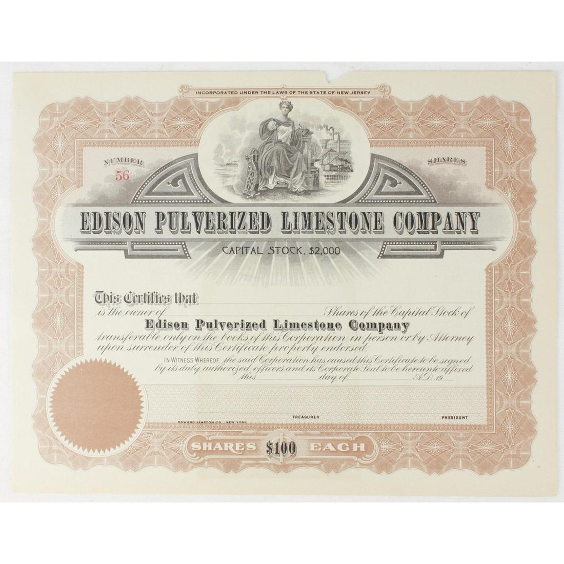 Edison Pulverized Limestone Co Stock Cert (1 of 3)