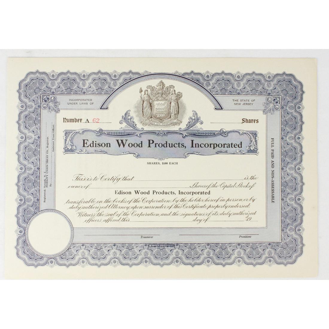 Edison Wood Products Inc Stock Certificate (1 of 4)