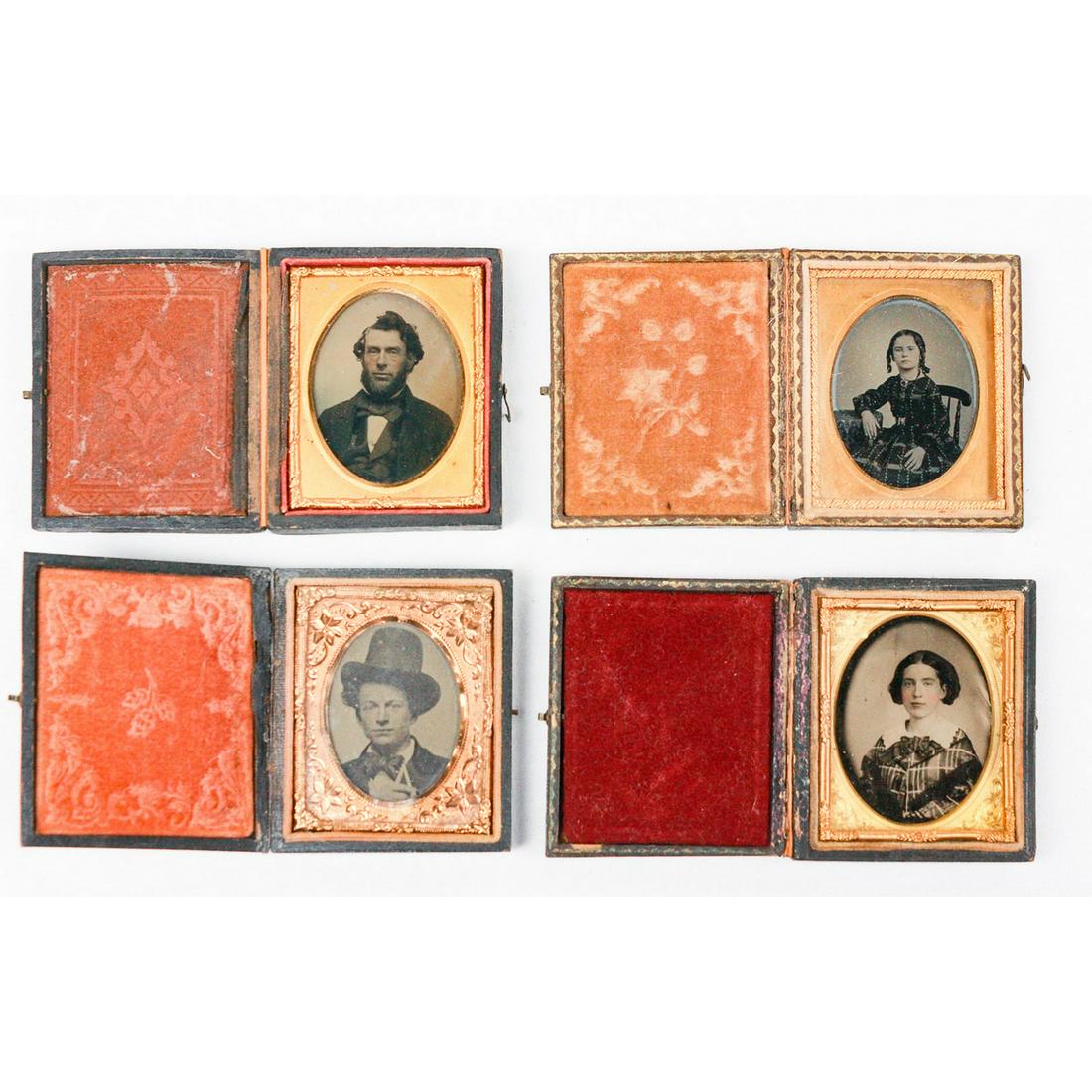 Four 1/9 Plate Ambrotypes: Four 1/9 plate ambrotypes of individuals in leatherette cases. All are in VG condition. Includes 2 of women and 2 of men. One case is missing a hook