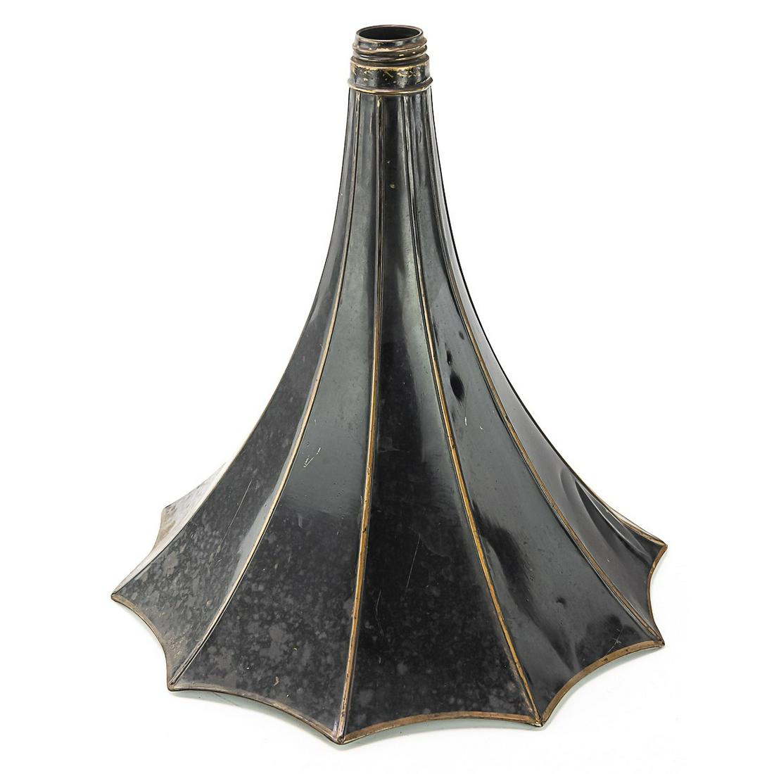 Black Phonograph Horn Threaded End: Black Phonograph Horn Threaded End. Approx. 18" L x 16" W. 2" Threaded end. Has minor scuffs and scratches. See photos.