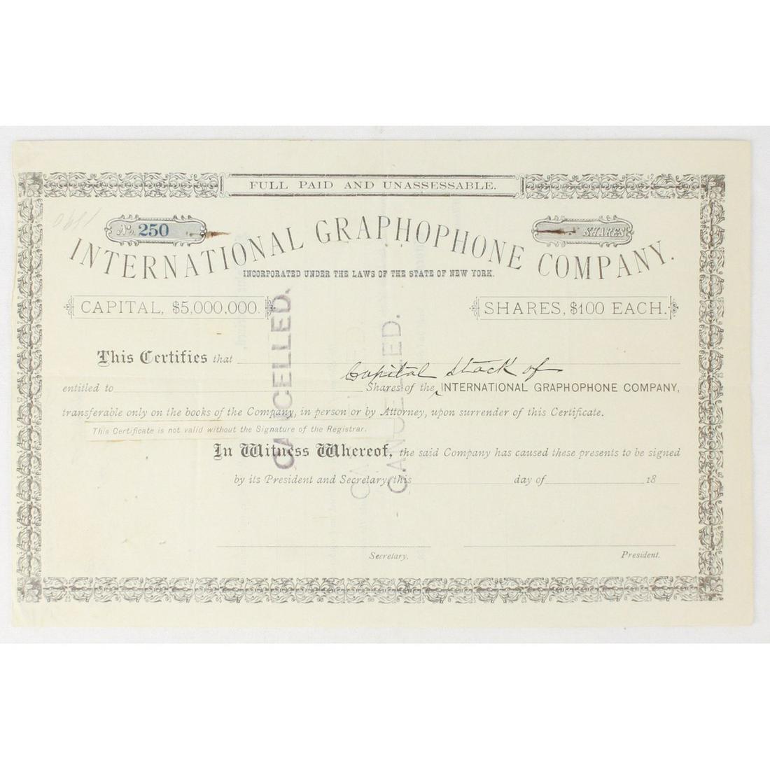 International Graphophone Co Stock Certificate (1 of 5)