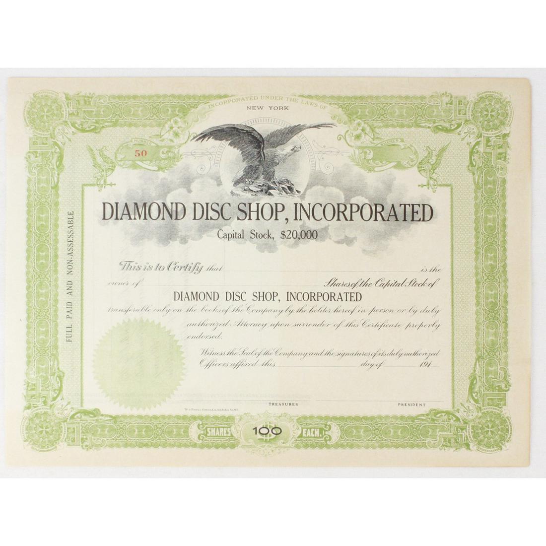 Diamond Disc Shop Inc Stock Certificate (1 of 3)