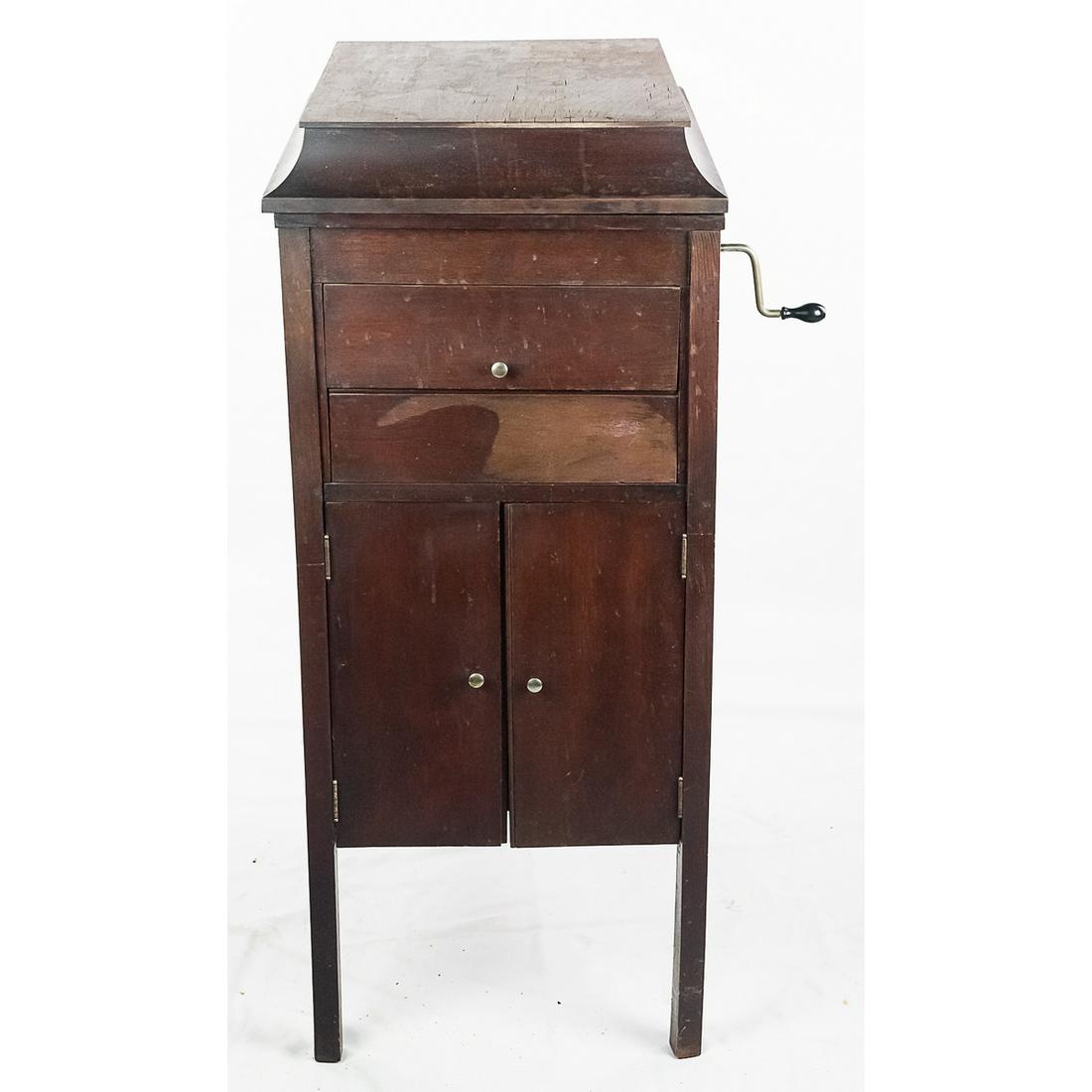 Lundstrom Converto Cabinet with Victrola VI: Lundstrom Converto cabinet with Victrola VI This interesting accessory cabinet has its original brown finish over birch. The finish is well worn from many years of use with finish damage here and ther
