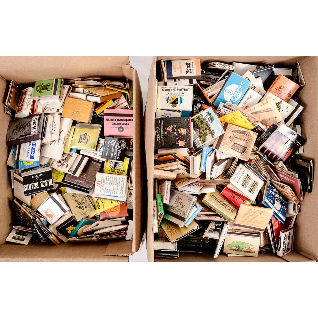 Hundred of Vintage Advertising Match Books & Boxes: Two boxes full of hundred of advertising match books and boxes. Advertising just about everything. Restaurants, diners, truck stops, hotels, motels, shoe stores, etc. Most have the matches. Mostly in 