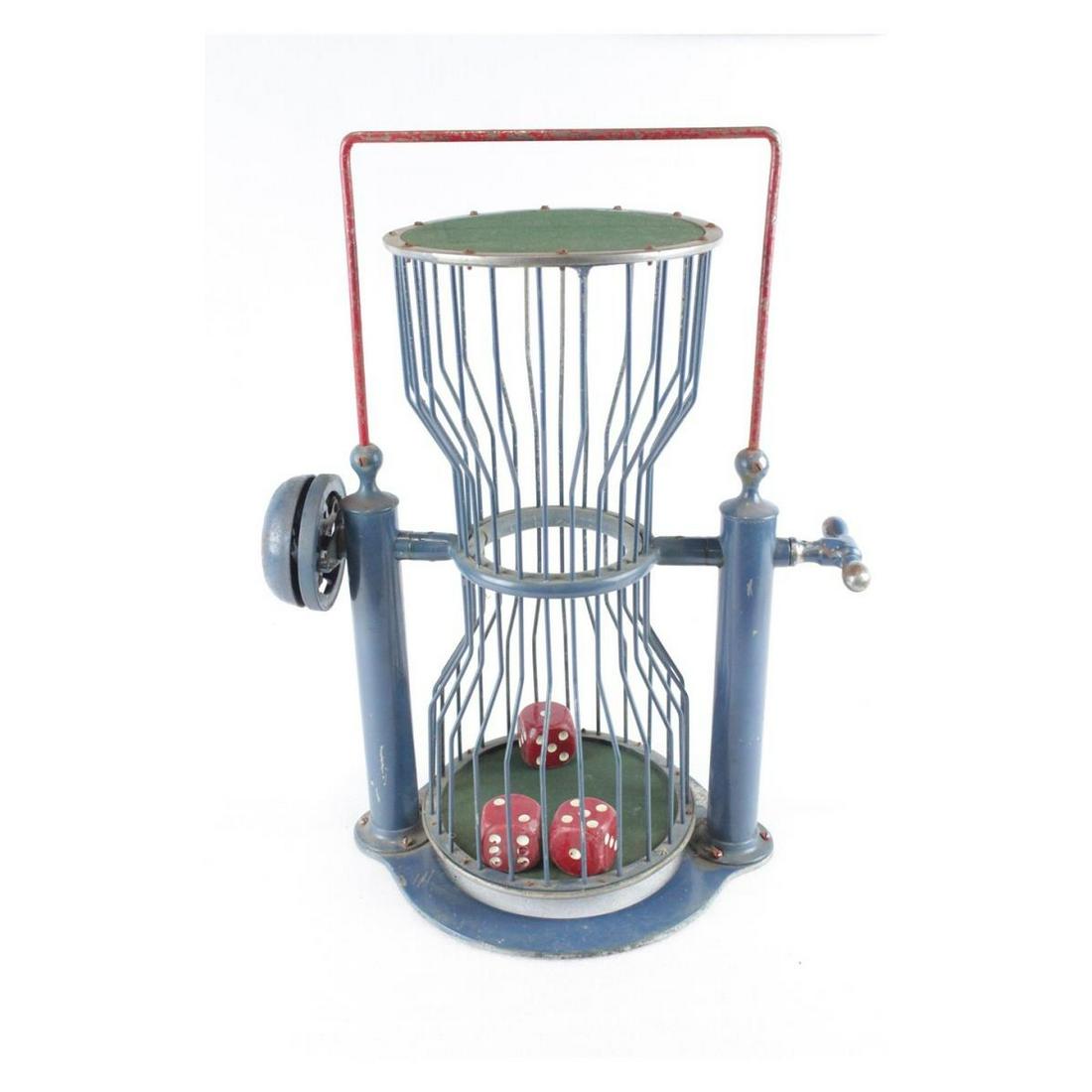 Vintage Chuck-A-Luck Dice Gambling Cage: Vintage piece original nickel finish has been painted over with blue carnival paint, works well, bell rings, includes 3 dice, 19" tall.