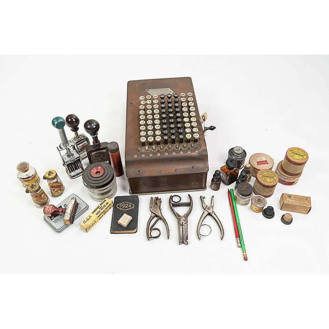 Comptometer Adding Machine & Office Supplies: Antique Felt & Tarrant Comptometer Adding Machine. 15" L x 8" W x 7" D. Appears to be working. Condition good. Includes a full box of old office supplies see photos.