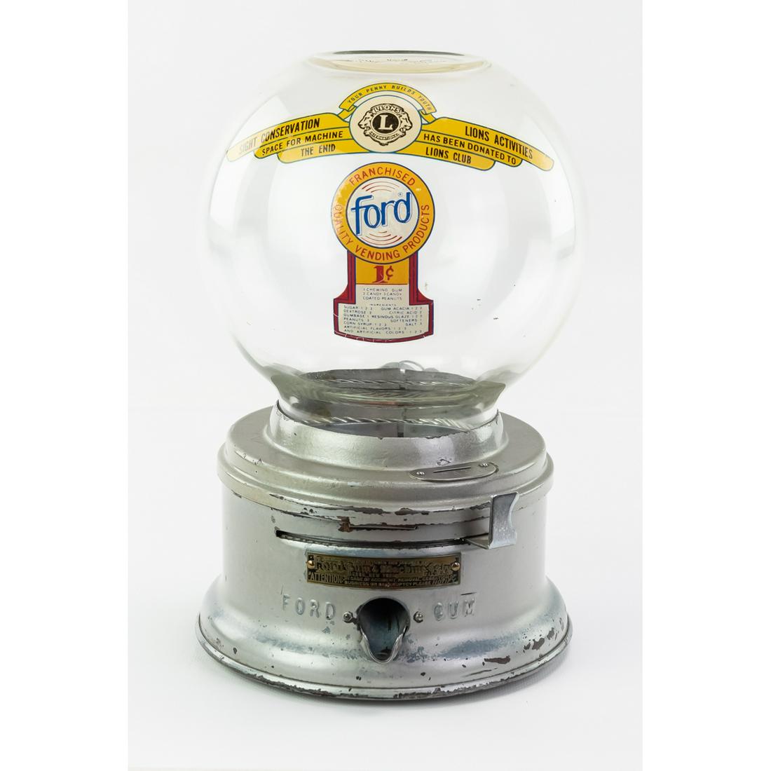 Vintage Ford Gumball Vender Coin Op 42: One cent gumball machine, good globe, good decals, has lock and key, Ford Gum embossed on front, paint finish shows some wear, see photos, nice ID tag, works 11" x 7: From the Richard Cobb collection.