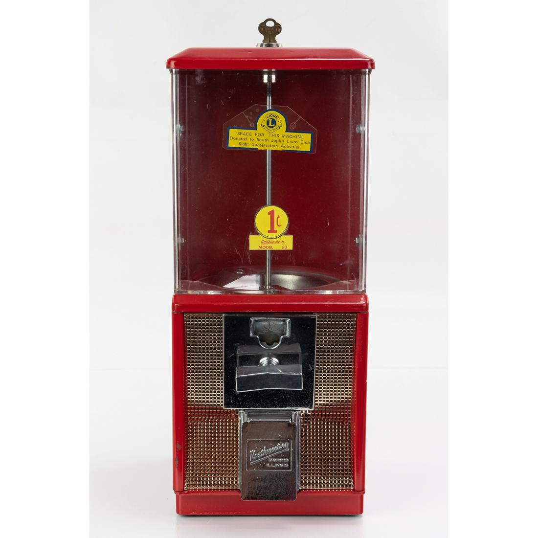 Northwestern Peanut Vender Coin Op Machine 65: One cent peanut machine, has key, good decals, very good plastic front shield, very clean inside and out, working, looking to have been an older refinish with just a few minor chips, overall good cond