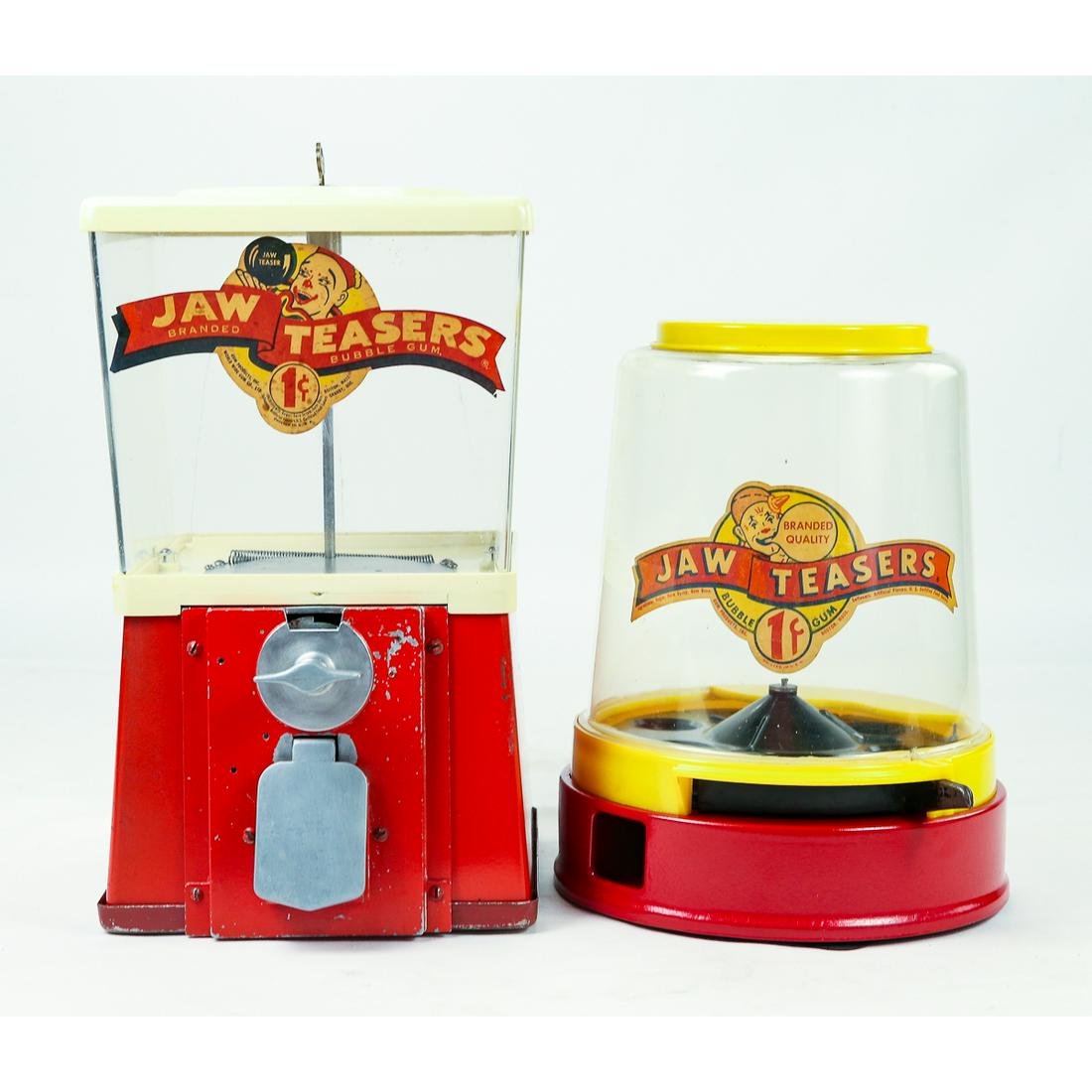 2 Jaw Teasers Bubble Gum Vender Machine 159: 2 Original Bubble Gum machines. Largest 13 1/2' T x 8" W. Both working with minor scratches. See photos. From the Richard Cobb collection.