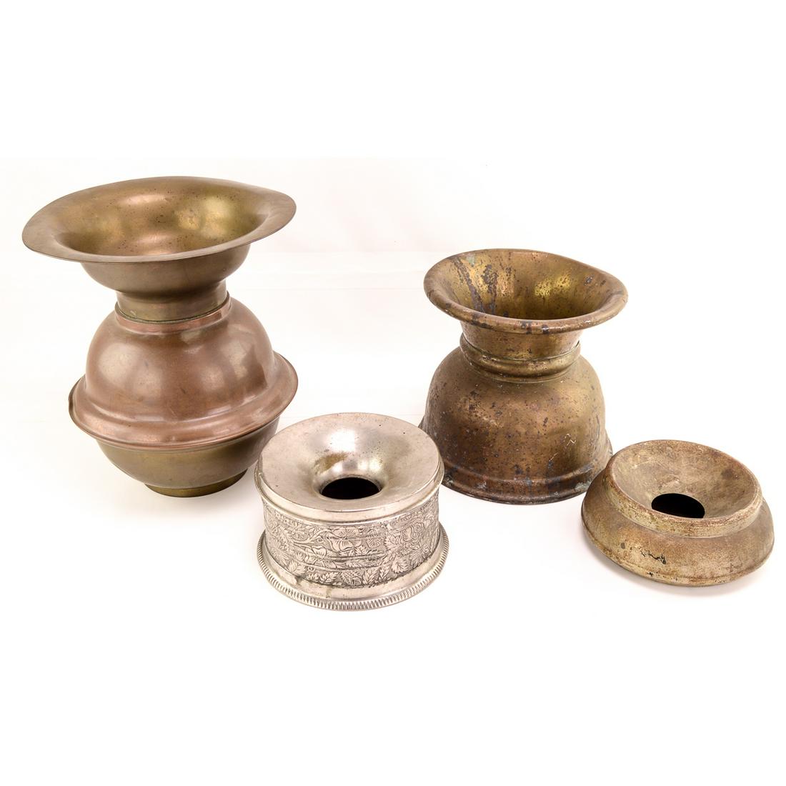 4 Antique Brass & Metal Spittoons The Pullman Co: (4) Antique Brass & Metal Spittoons Largest 11 3/8" T x 10 1/2" W. The smallest one is labeled on the bottom "The Pullman Co" All have nice patina and are dirty with bends and dings. See photos.