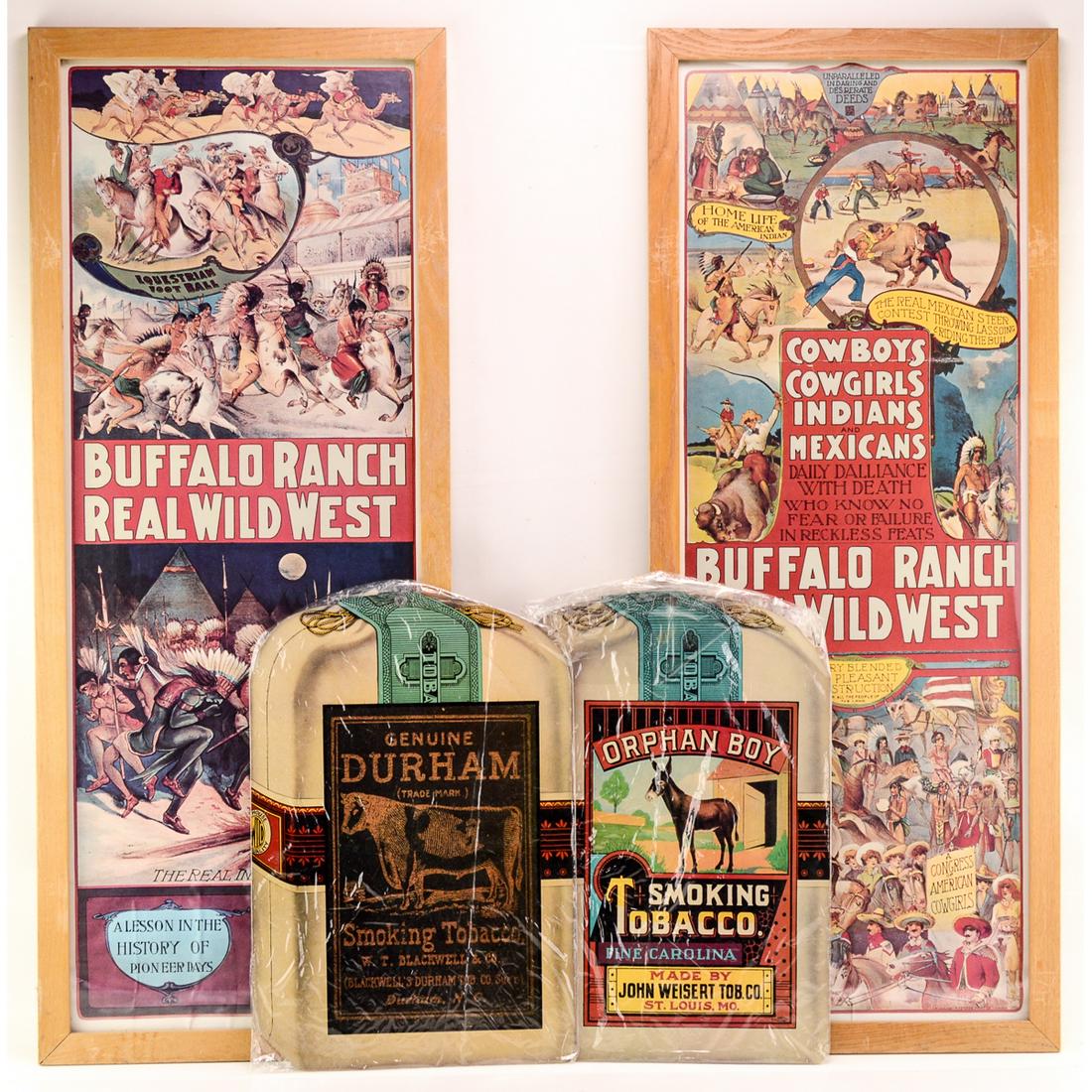 4 Tobacco Advertising & Buffalo Ranch West Prints: 2 Tobacco Advertising Prints. 17 1/2" x 11 3/4". 2 Framed Buffalo Ranch Wild West Yard long Prints. All four are reproductions. Condition good. See photos.