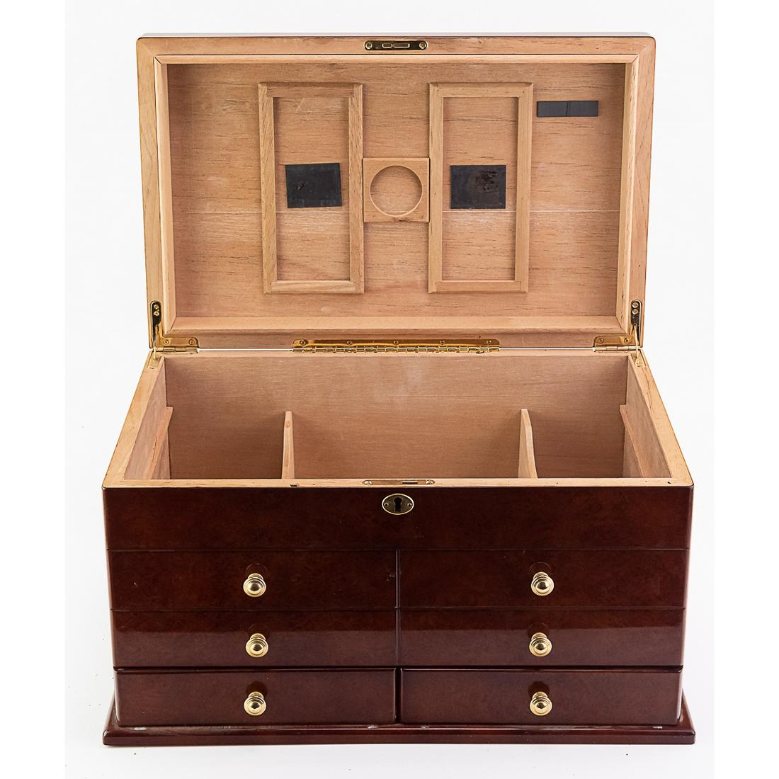 Burled Wood Cedar Cigar Humidor w/Key: This cedar humidor with burled wood measures 17 7/8"W x 10 1/4"H x 10 7/8"D. The top tray is missing.