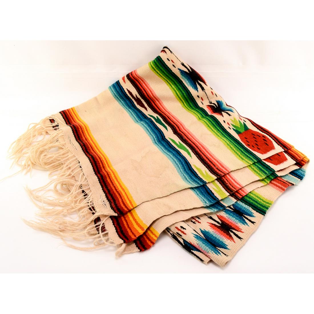 Native American Woven Blanket w/Fringe: Native American Woven Blanket w/Fringe. Approx. 100" x 52". Nice multi color design. Stains throughout the blanket. See photos.