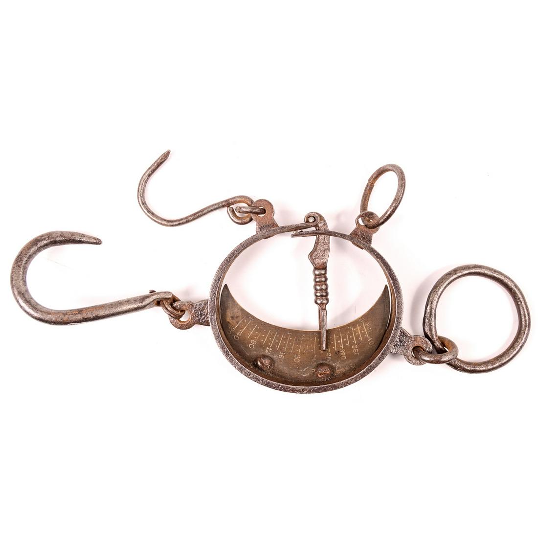 Antique Brass Dial Buffalo Hide Scale: Antique Brass Dial Buffalo Hide Scale. 10" T x 6" W x 3/4" D. Condition good. See photos.