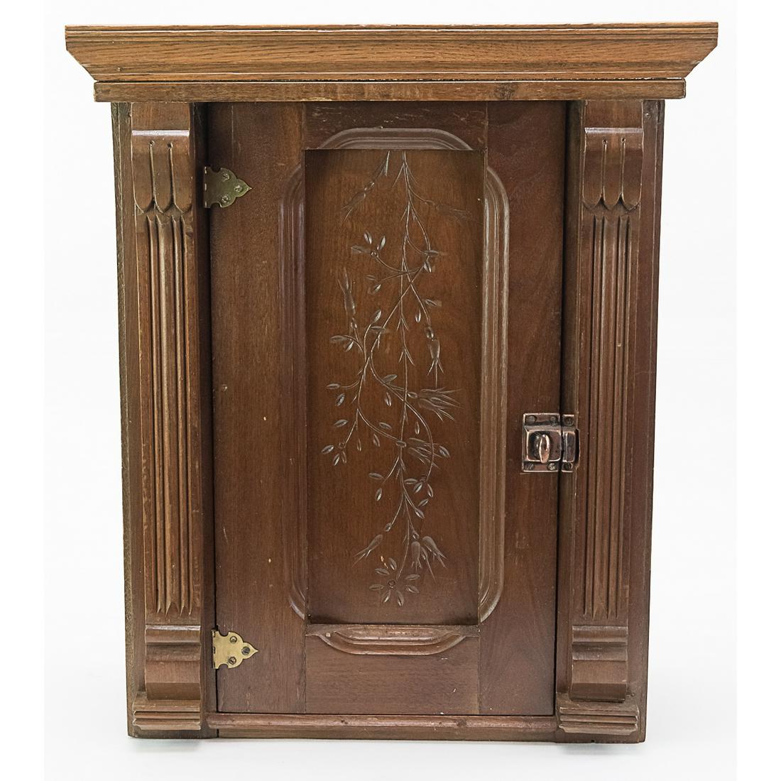 Small Vintage Wooden Cabinet: This cabinet has quite a bit of decoration on it. It measures 17 3/8"W x 22 1/2"H x 8"D.