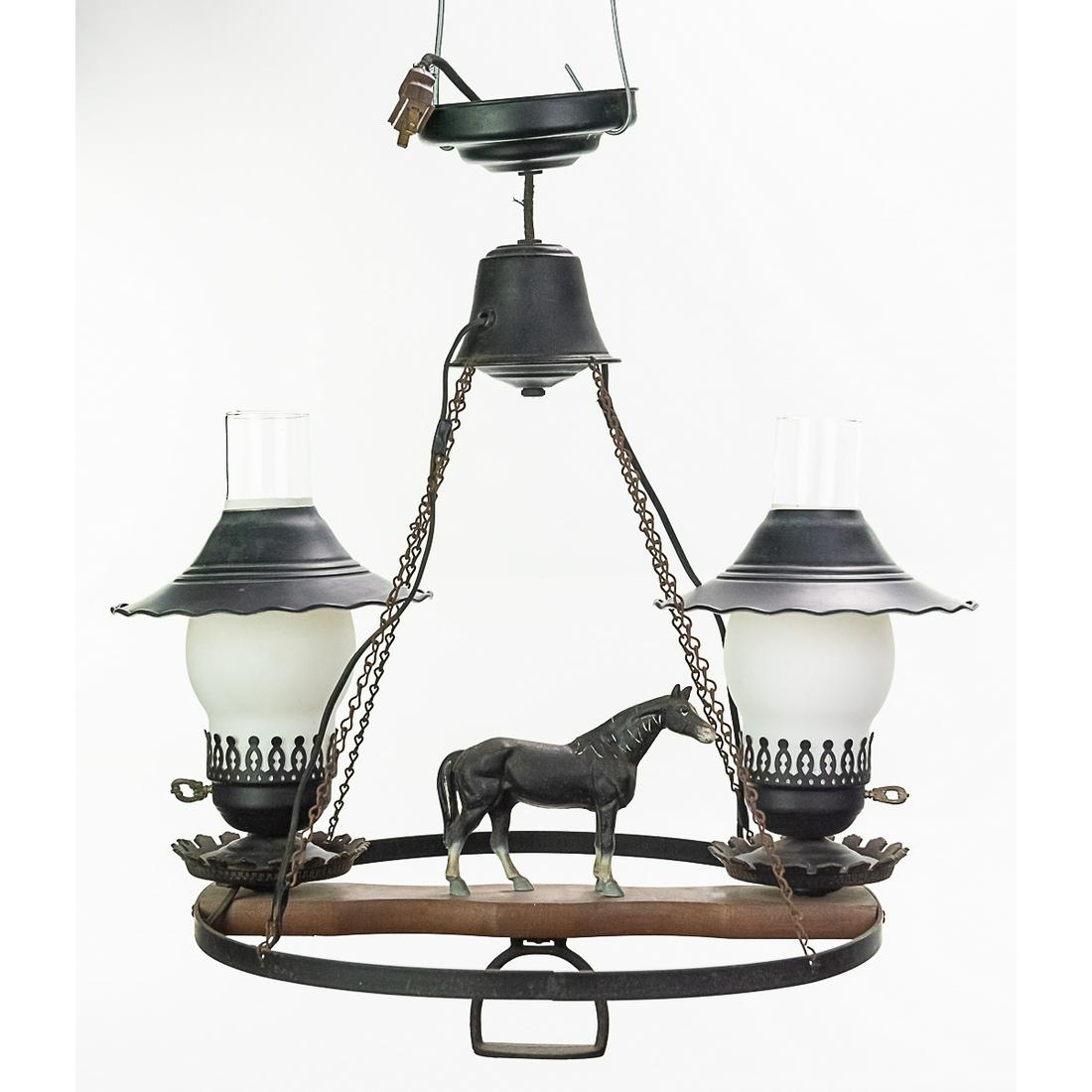 Horse Themed Hanging Lantern: This lamp features a western look with a horse and stirrup design. It measures 19 1/4"W X 22 1/2"H.