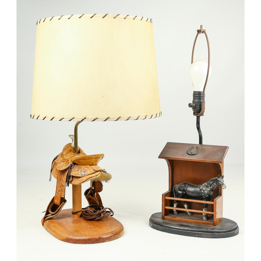 2 Vintage Horse Lamps: Two very decorative piece. The horse in a stall measures 10"W x 21 1/2"H. The saddle lamp, with period shade, measures 11 1/2"W x 22"H. Both are untested.
