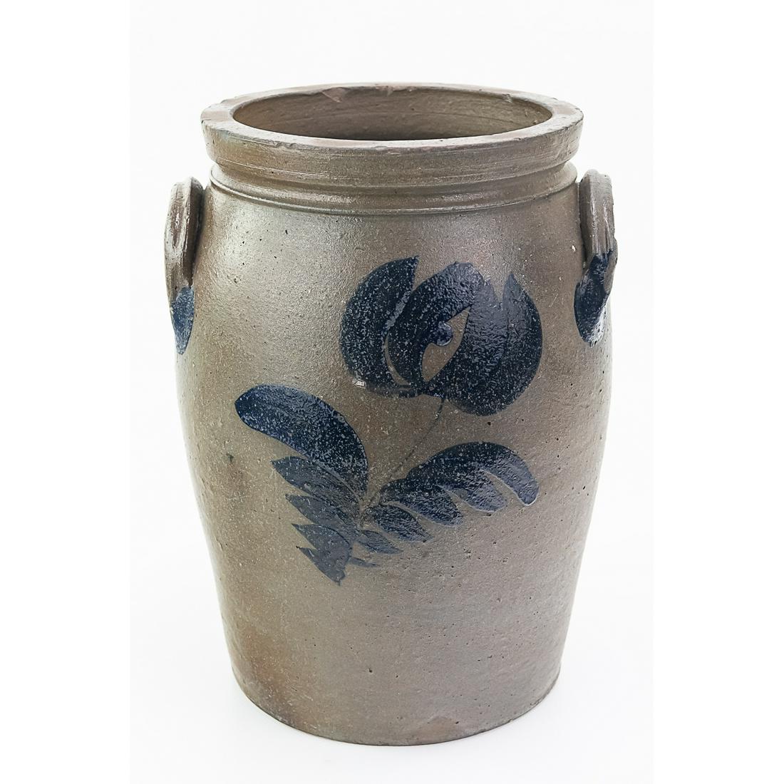 2 Gallon Decorated Floral Blue Stoneware Crock Jar: 2 Gallon Decorated Floral Blue Stoneware Crock Jar. 12" T x 9" W. Double sided cobalt blue floral design. Nice condition with minor chips see photos.