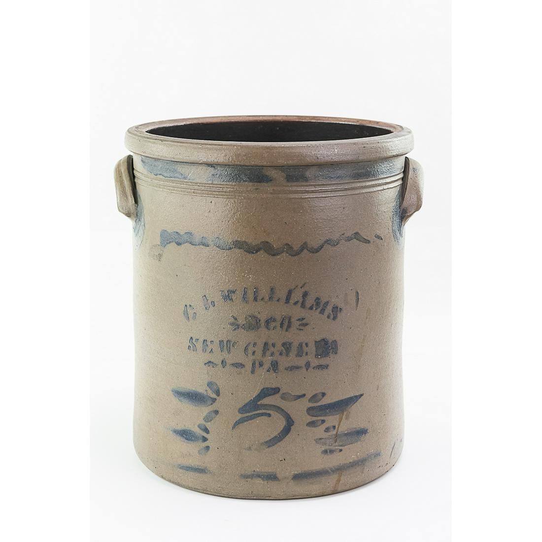 G. A. Williams 5 Decorated Stoneware Crock: G. A. Williams New Geneva, Pa. 5 Gallon Stoneware Crock. 13 1/4" T x 11 1/4" W. Decorated with blue design. Condition good. See photos.