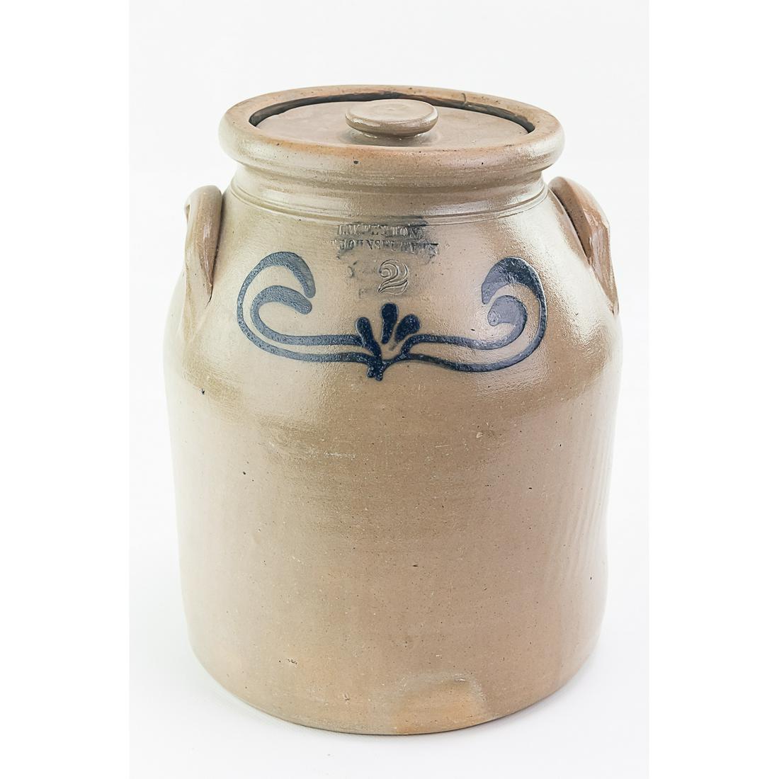 L.W. Fenton 2 Decorated Stoneware Crock with Lid: L. W. Fenton #2 Stoneware Johnsbury Va. With lid. 11" T x 9" W. Unique blue ribbon design on front. The Crock is in good condition. Lid has a 2" chip that appears to be glued in place. See photos.