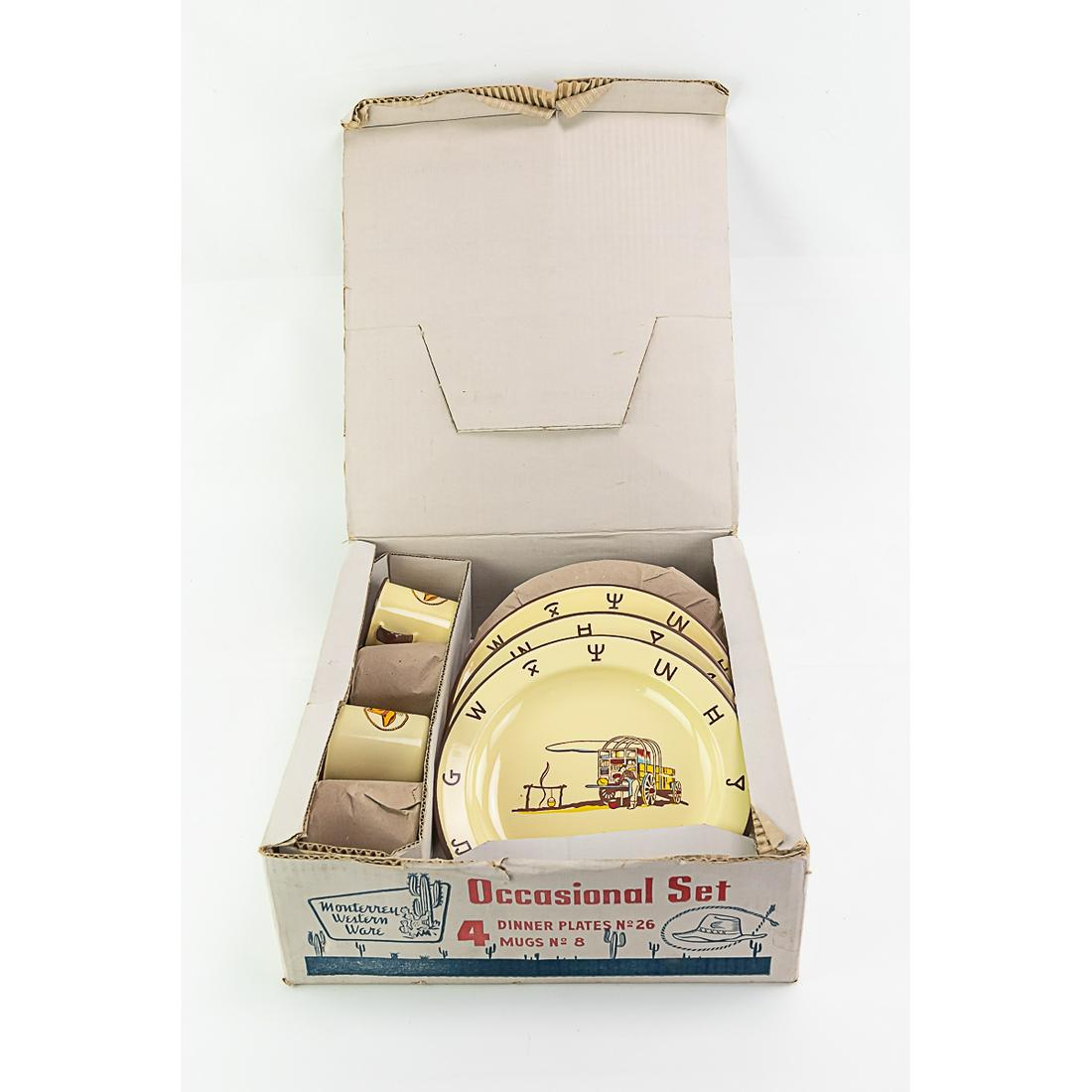 10pc Monterrey Western Ware Occasional Set NIB: This set contains 10 porcelainized metal dishes, 6 plates and 4 cups. the box is in very good condition. Half of the dishes are still wrapped in their original paper.
