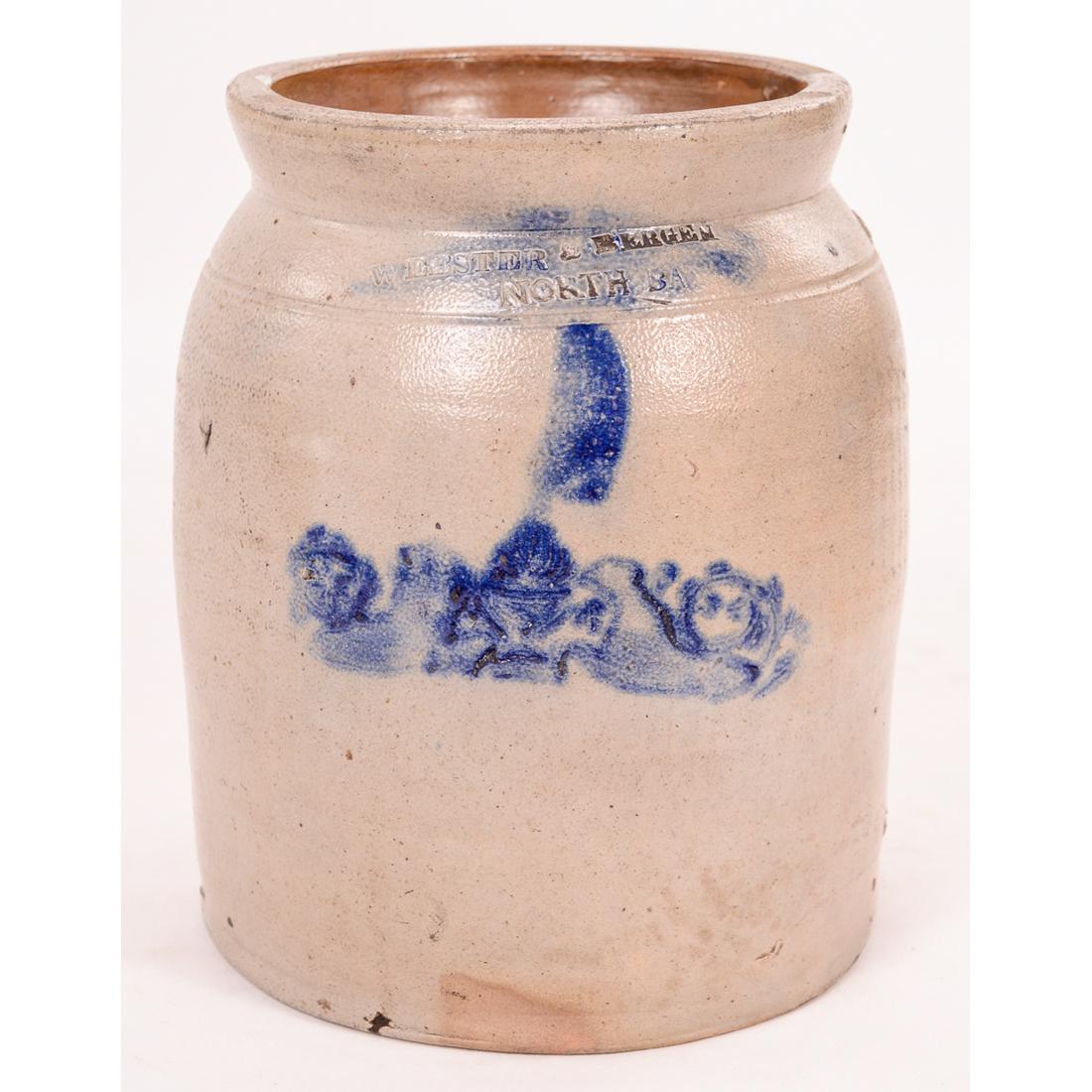 Stoneware Boston Bean Crock Highly Decorated: Antique Stoneware Boston Bean Crock, Highly Decorated with original Lid. 6 3/4" T x 8 1/4". Beautiful Ornate Cobalt Highlights throughout. Embossed "BOSTON THE HOME OF THE BEAN" and "SPIRIT OF 76 BUNK