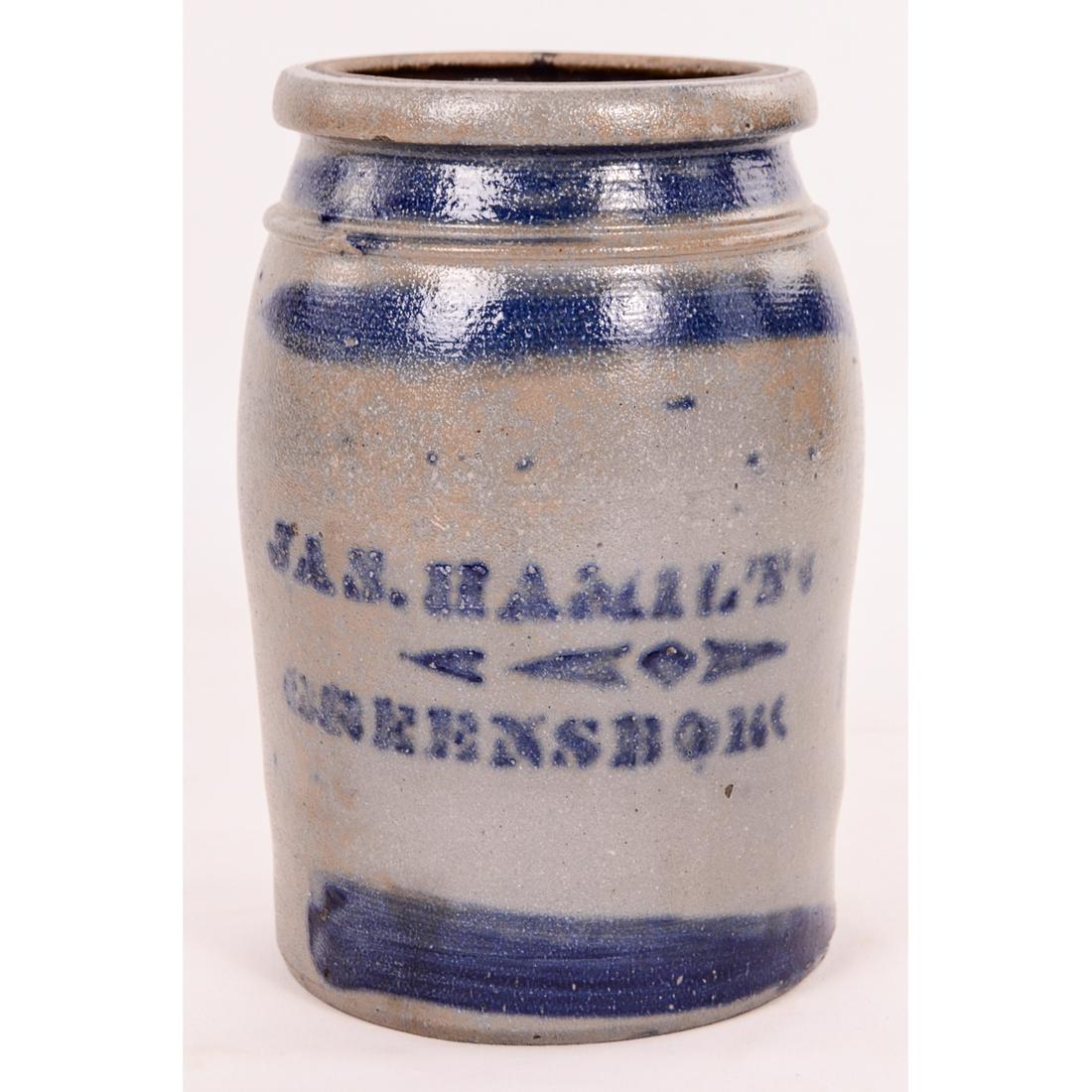 J & S Hamilton Greensboro Cobalt Blue Crock Jar: J & S Hamilton Greensboro Cobalt Blue Crock Jar. 9 1/2" T x 6 1/2" W. In good condition with one 1/4" chip on the front that is not very noticeable. Nice blue design.