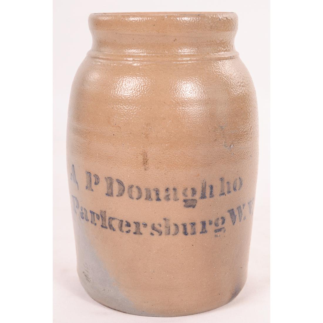 A.P. Donaghhho Stoneware Crock Jar Parkersburg: A.P. Donaghhho Stoneware Crock Jar Parkersburg W. V. 8" x 5 1/2" W. No chips. Small rim bent. Nice small size. See photos.
