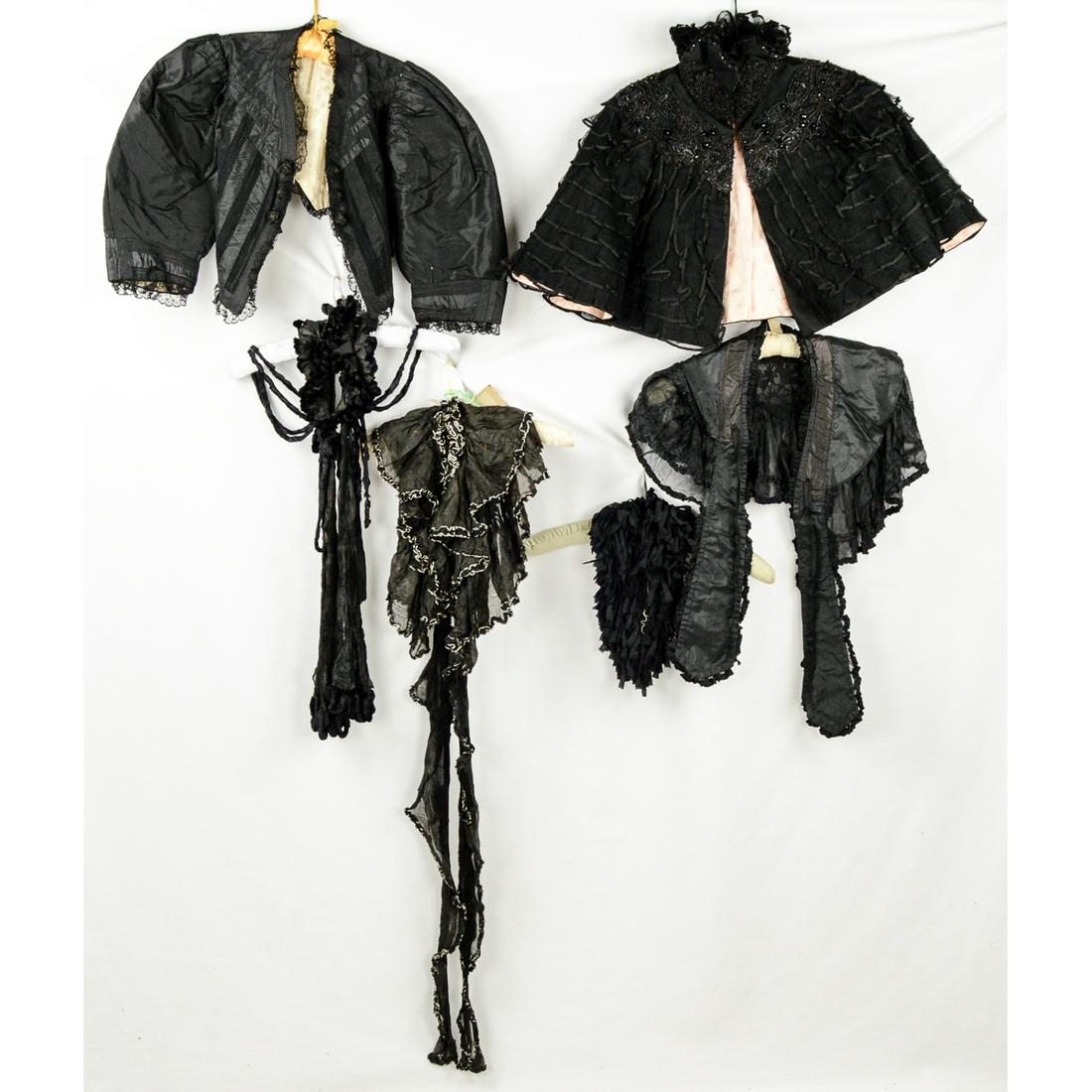 Lot of 6 1900 Adornment Pieces, Shawls, Etc.: This lot includes ruffled shawl, accordion pleated neck design, silk shawl, fabric feathered collar adornment, heavily beaded shoulder shawl and taffeta and lace jacket. The featured item being a high