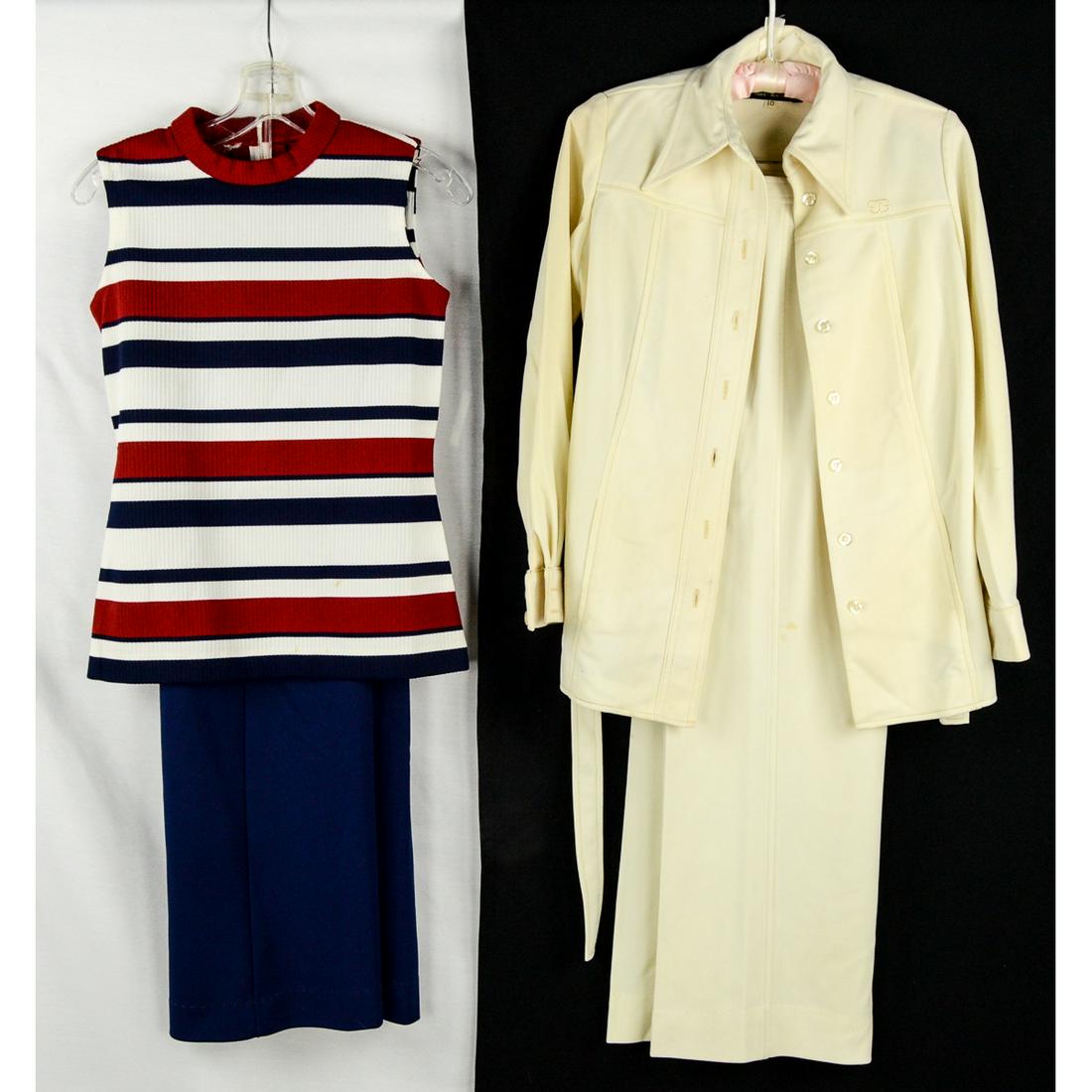 Two Early 1970s Ladies Pantsuits - One Givenchy: Three piece Givenchy pantsuit ala Audrey Hepburn. Long cream colored jacket has self tie belt. Belt has some spots. Suit is a vintage size 10. Pants are also marked Givenchy. Suit is in excellent cond