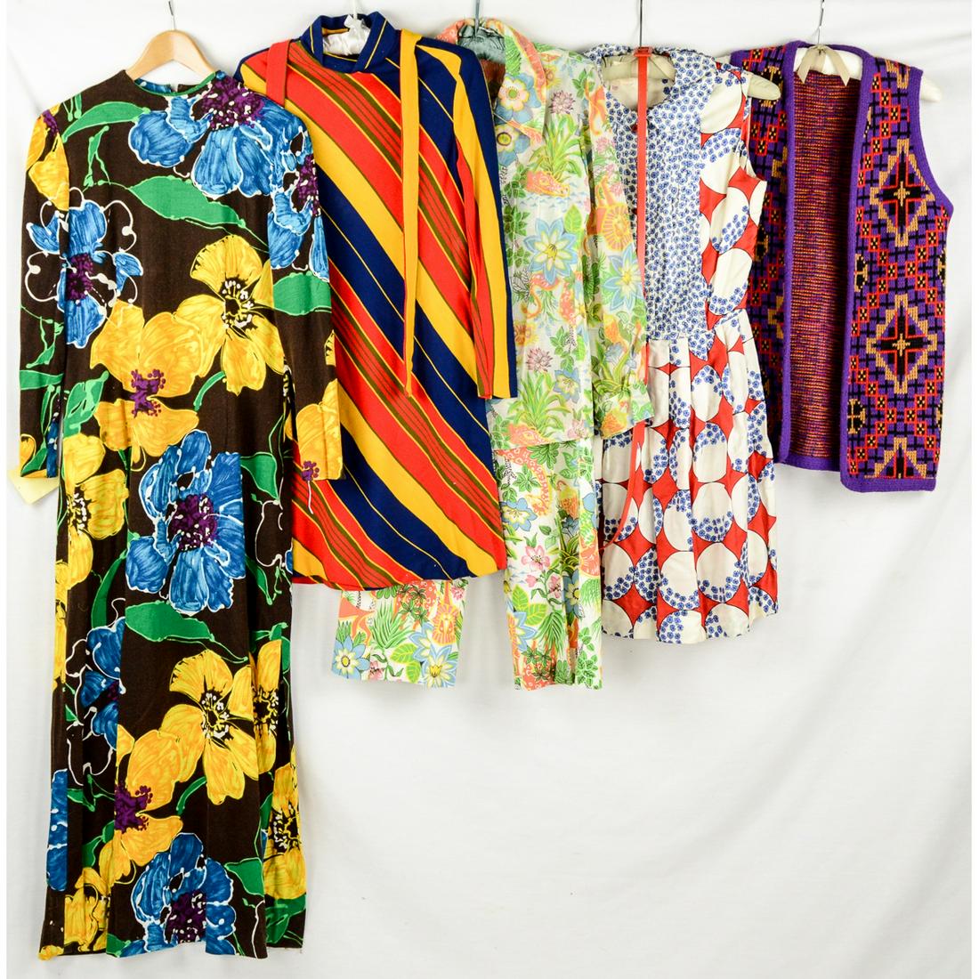 5 Piece 1960's-70's Ladies Lot: Pure silk "Bonwit Teller" vintage size 12, sleeveless red, white and blue, 4th of July holiday dress with original red vinyl belt. Peter Pan collar. Unworn condition. Waist size is 29". Purple print p