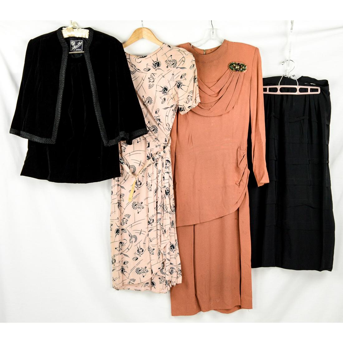 4 Items 1940s Ladies Wear: Pink crepe novelty print, padded shoulder day dress. Circa 1940-44. Comes with original belt, 24" waist, in excellent condition. Coppery orange long formal, draping at neckline and hips. 2 metal zippe