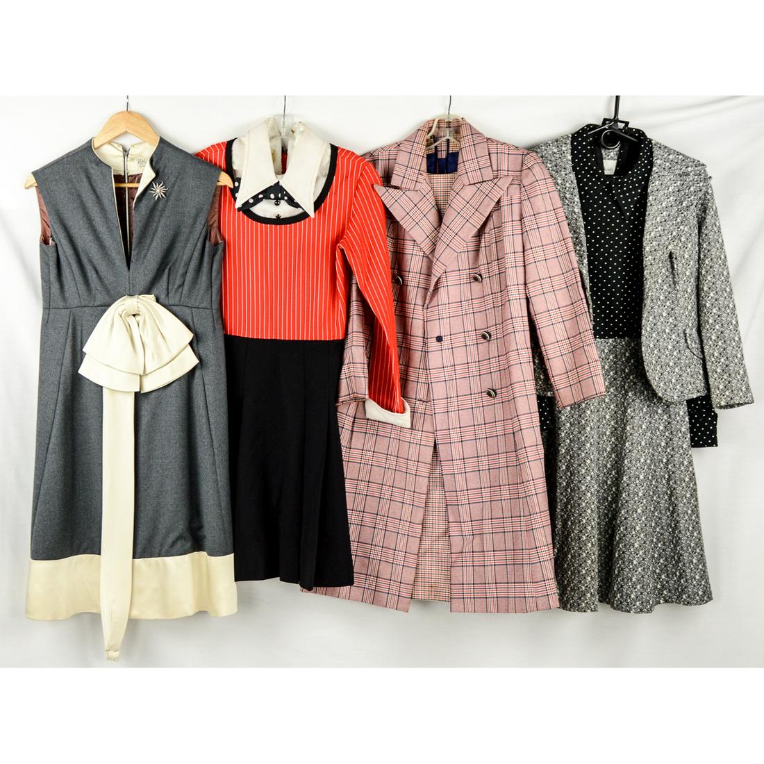4 Outfits from "That Girl" Closet 1960's-70's: 3 piece "Fred Rothschild" black and white knit suit with original belt, 27" waist, in excellent condition. Navy and red plaid 3 piece suit with original belt, full length coat, 28" waist, in excellent