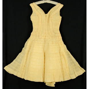 Ceil Chapman 50s Canary Yellow Party Dress Size L: This dress is simply covered in accordion style pleats from top to bottom in canary yellow organza.. It has a full circle skirt, side metal zipper and off the shoulder neckline. Dress is fully lined i