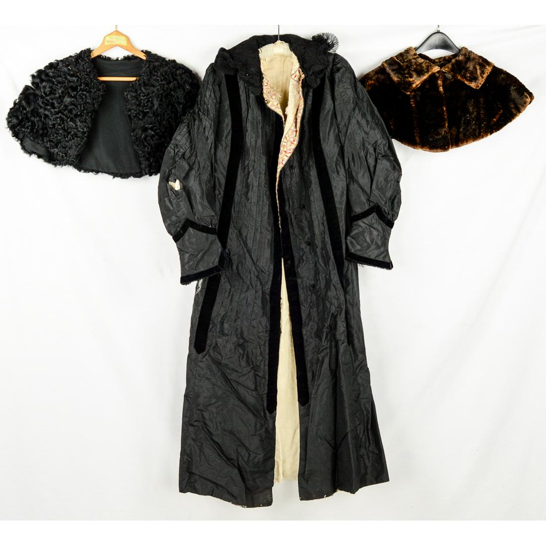 1908 Black Taffeta Evening Coat Plus Furs: Lovely ladies long black opera coat with phenomenal heart shaped embroidery all down the front. Black velvet trim throughout. Unfortunately the silk lining on this coat is in extremely bad shape. Ther