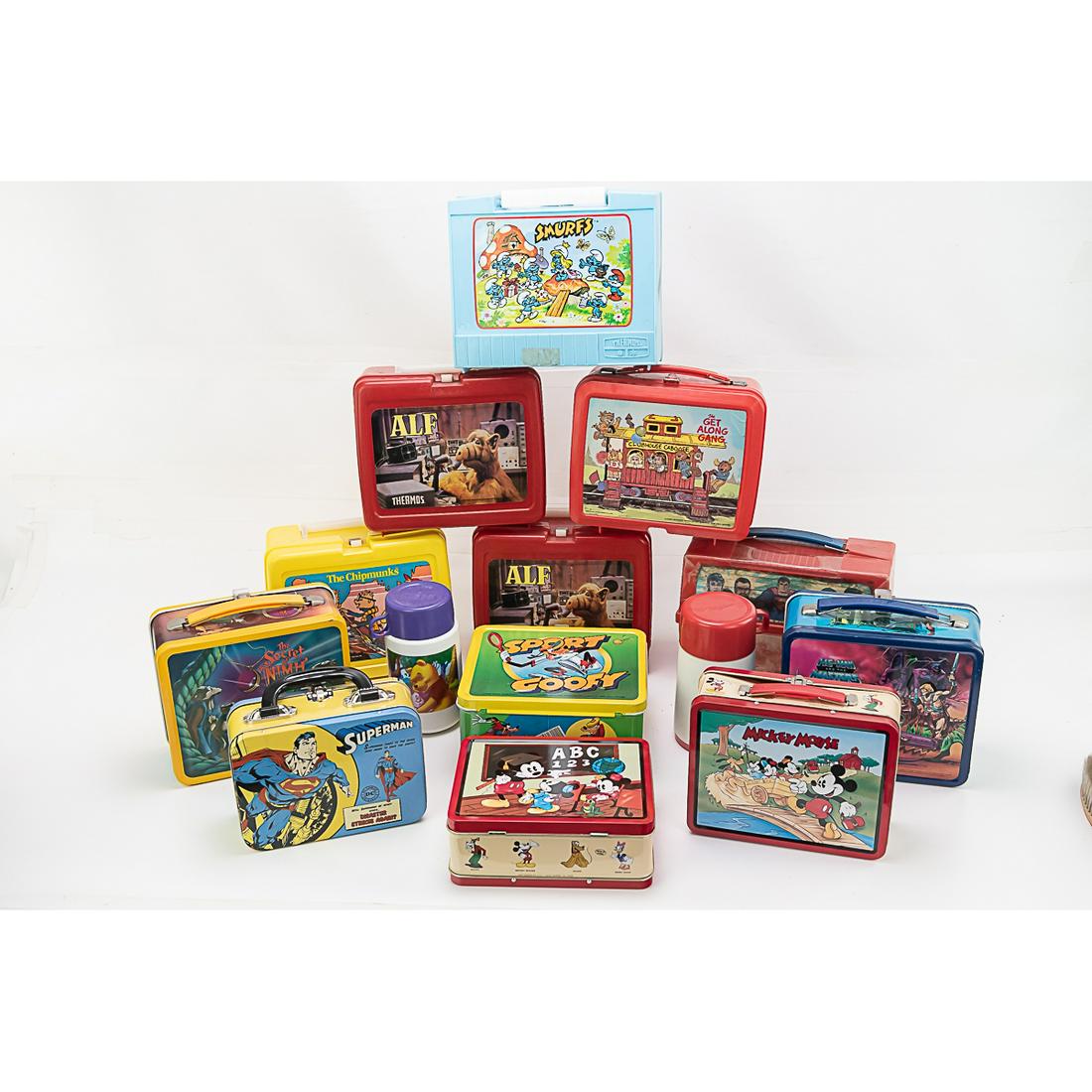 Lunch Boxes Superman Mickey Mouse Goofy, Alf 14Pcs: This lot includes 12 lunch boxes, all but 3 with thermoses, and 2 extra thermoses. The lunch boxes are w Alf, Mickey Mouse, He-Man, Secret of Nimh 1, Superman, Alvin, Smurfs, Get Along Gang, Sport Goo