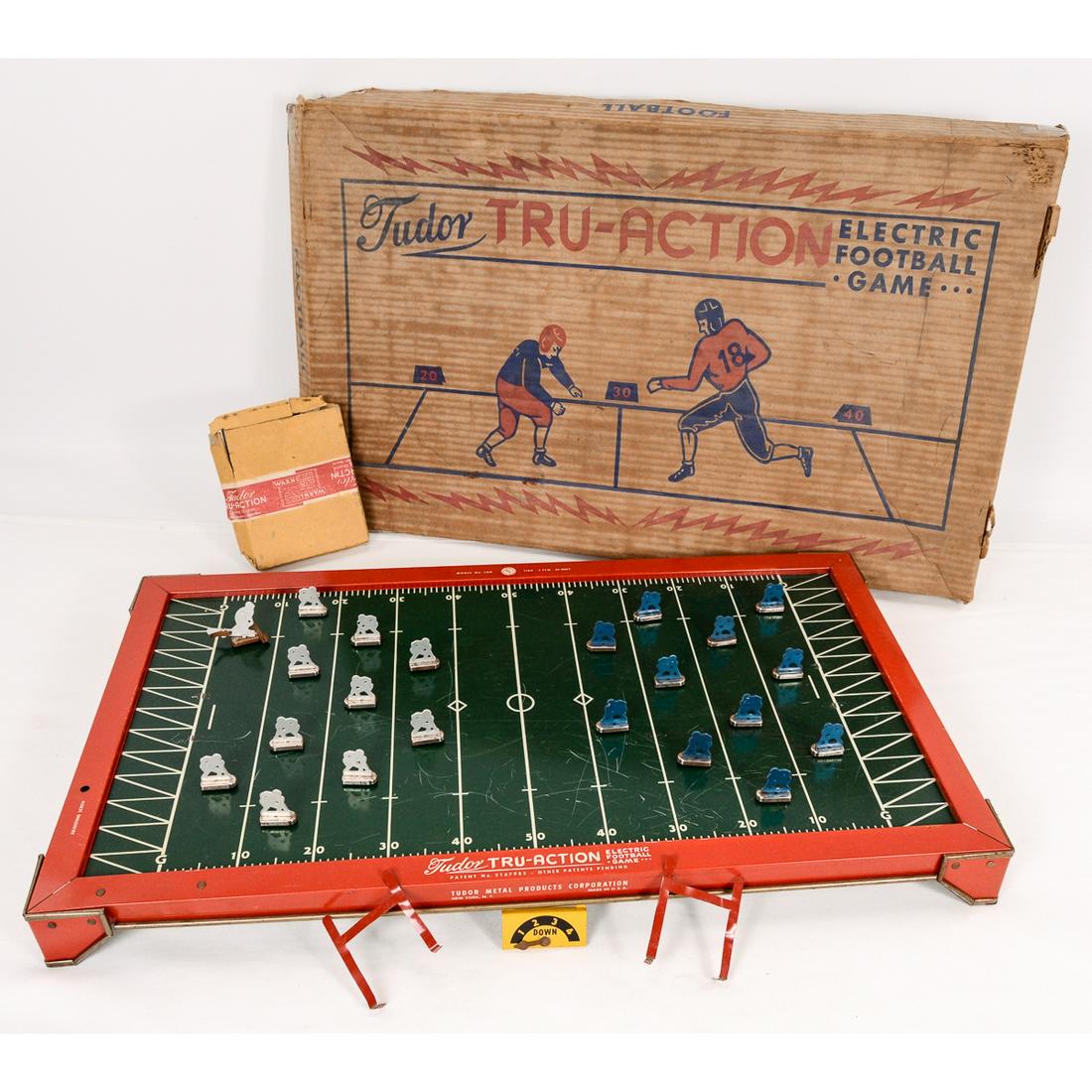 Vintage Tudor Tru - Action Football Game in Box: Vintage Tudor Tru-Action Football Game. 26" L x 15" W x 2 1/4" T. Includes metal parts in box. 10 blue and 11 silver players. 2 goal posts. A down counter dial. 1 Kicker. The board is in good conditio