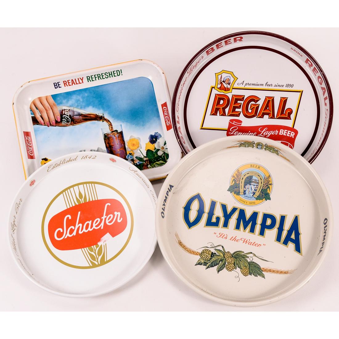 Metal Litho Advertising Trays Coke, Olympia 4Pcs: Includes a 1960's Coca Cola tray, Regal Beer tray, Olympia Beer Tray, and a Schaefer Beer tray. There are some scratches. Please see photos.