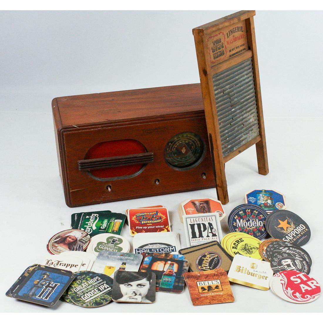 Beverage Coasters, Radio and Washboard: Beverage Coasters, Radio and Washboard. Misc lot of three items. "Protect your table, Fix a radio and wash your clothing". See photos. Sold as is.
