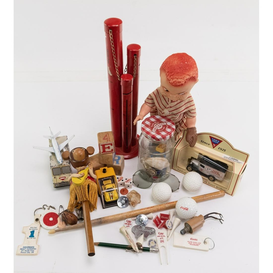 Vintage Toys & More, Toms Roasted Nuts Trucks Misc: 1 Lot with many vintage toy trucks, hula monkey, pug baseball rubber doll and more. See photos.