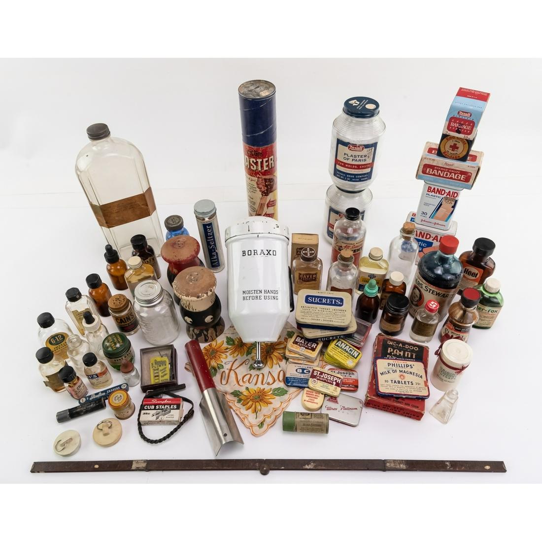 Medicine Bottles and Much More!: Large assortment of old Medicine bottles and much more. Broxo wall mount powered soap dispenser. View the photos to see a wide range of medicine related items in one lot!