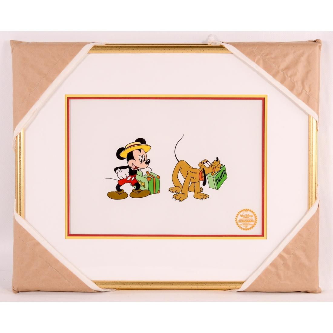 Mickey Mouse and Pluto Serigraph Cel: This cel is entitled "Mr. Mouse Takes a Trip", and was made in a limited run of 9,500. The frame measures 21"W x 17"H.