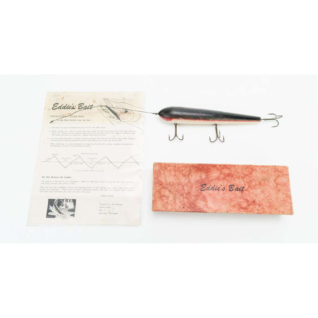 Eddies Baits Musky Fishing Lure In Box 8.5": Nice hard to come by old Musky lure made by Eddies Baits Ed Osting Hayward Wisconsin from the Musky Capital. In good condition, no rust, includes original box and instructions. 8" L x 1.25" W. See pho
