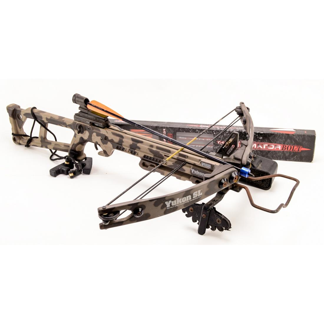 Horton Manufacturing Yucan Crossbow w Bolts 2Pcs: Vintage Horton Yucan S#F72883 37" L x 25" W. Includes a box of 6 20" The Decimator Carbon Bolts. Bow untested. Appears to be all intact. See photos.