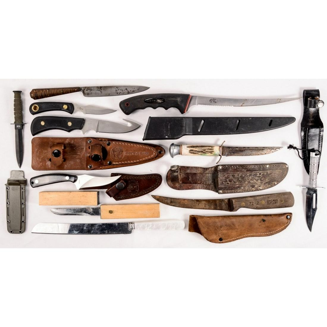 Lot of 9 Fixed Blade Knives: Includes 2 mini fighting knives, a Chipaway Cutlery skinner with sheath, a 2 piece Knives of Alaska set with sheath, a Chicago Cutlery boner with sheath, a old unknown maker hunting knife with sheath,